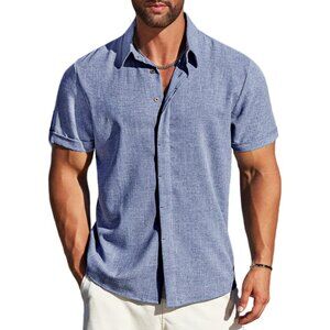 Men's  A-denim Blue Linen Short Sleeve Button Down Casual Shirt Business Dress